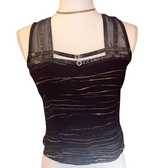 Vintage Tops - Vintage Y2K Black & Gold Sheer Trim Tank Top | going out top| Small